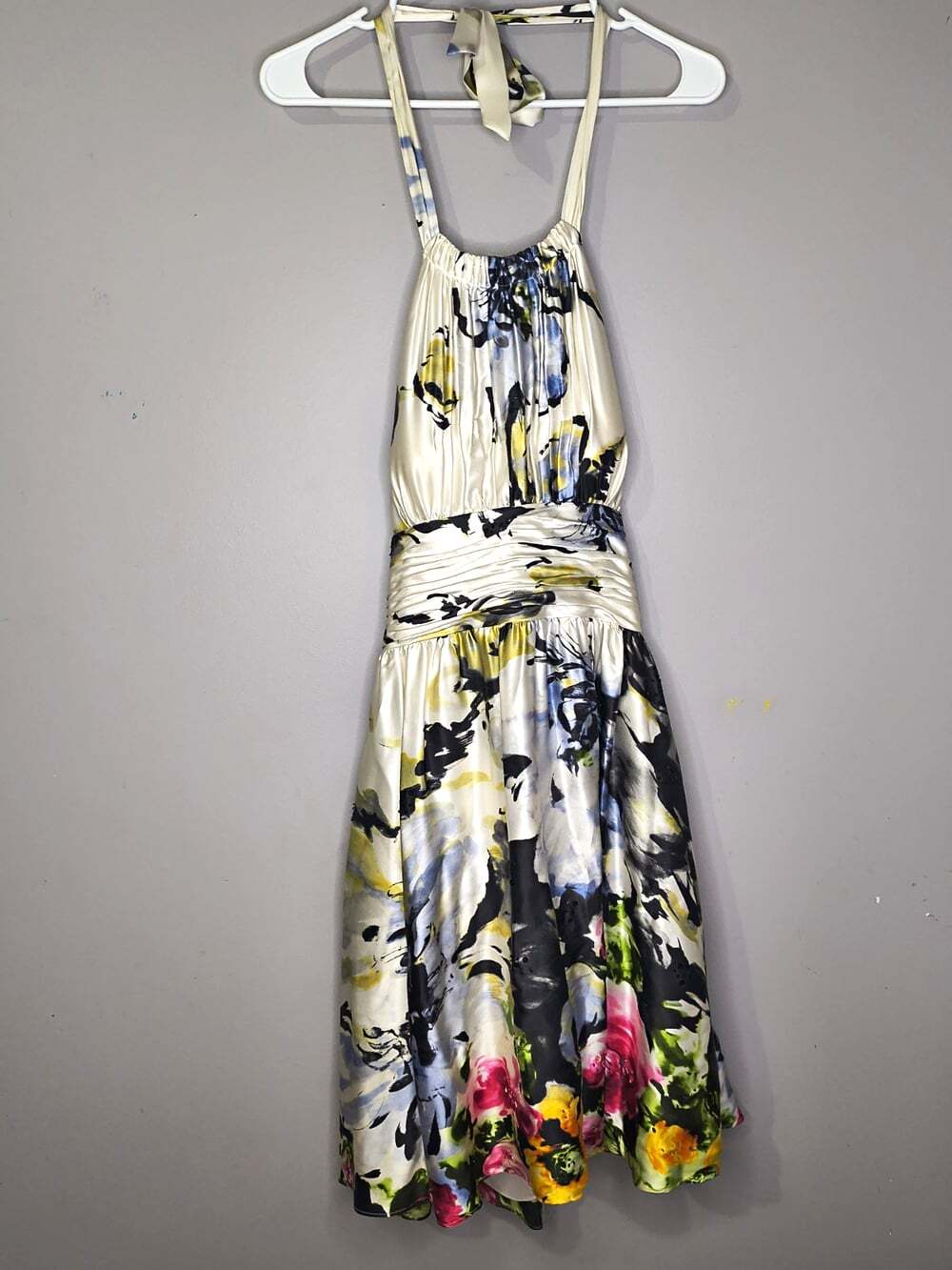 Adrianna Papell Floral Halter Fit & Flare Knee-Length Dress Ivory Multi 8 silk
